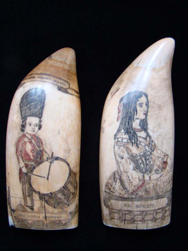A beautiful pair of historic American polycromed Whale's Teeth circa 1851-1854